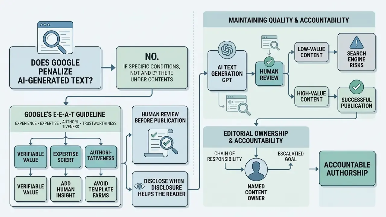 Flowchart showing Google guidelines for quality, human review, and accountability in content creation