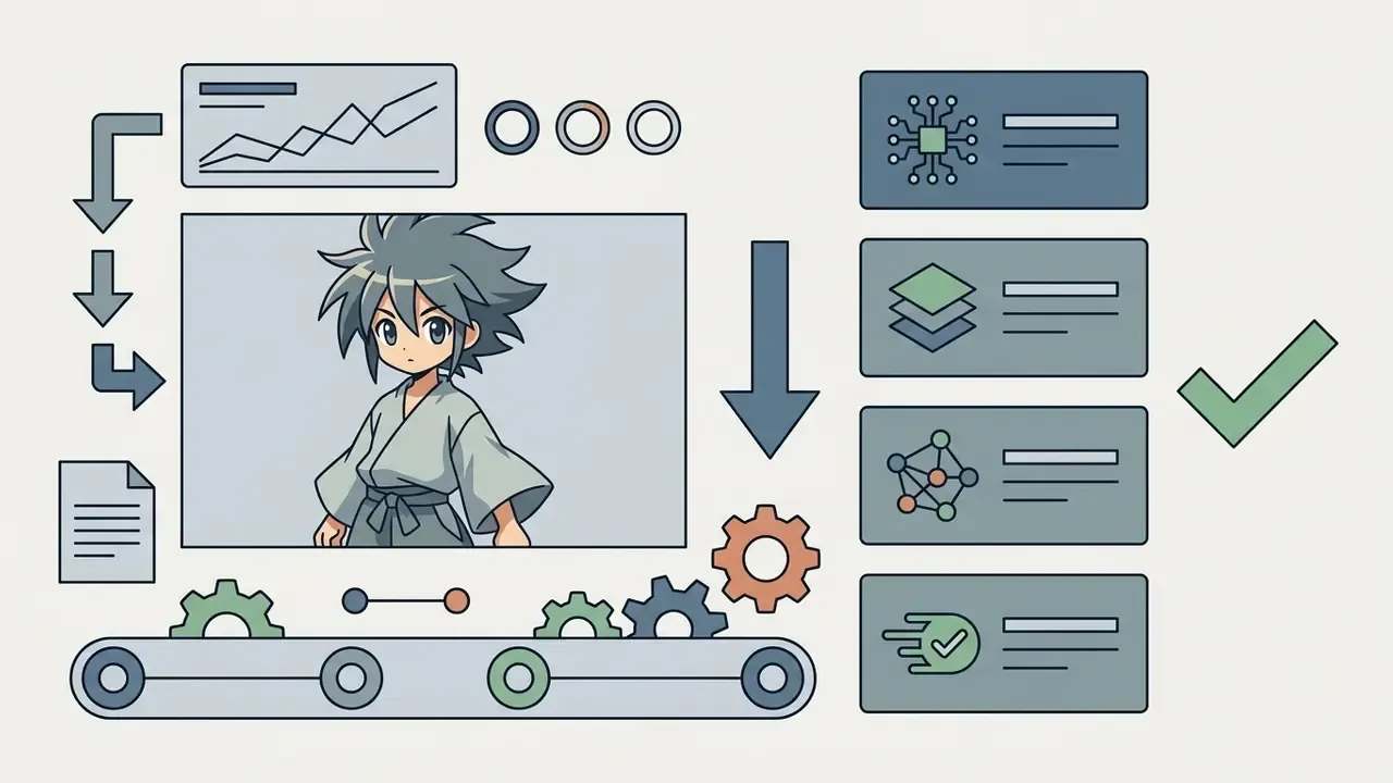 Anime character in a frame connected to technical icons and a conveyor belt with a checkmark symbol
