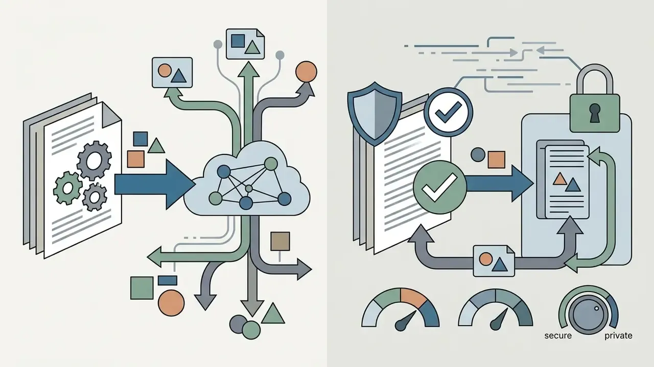 Split view showing data flowing into a public cloud versus a protected environment with privacy controls