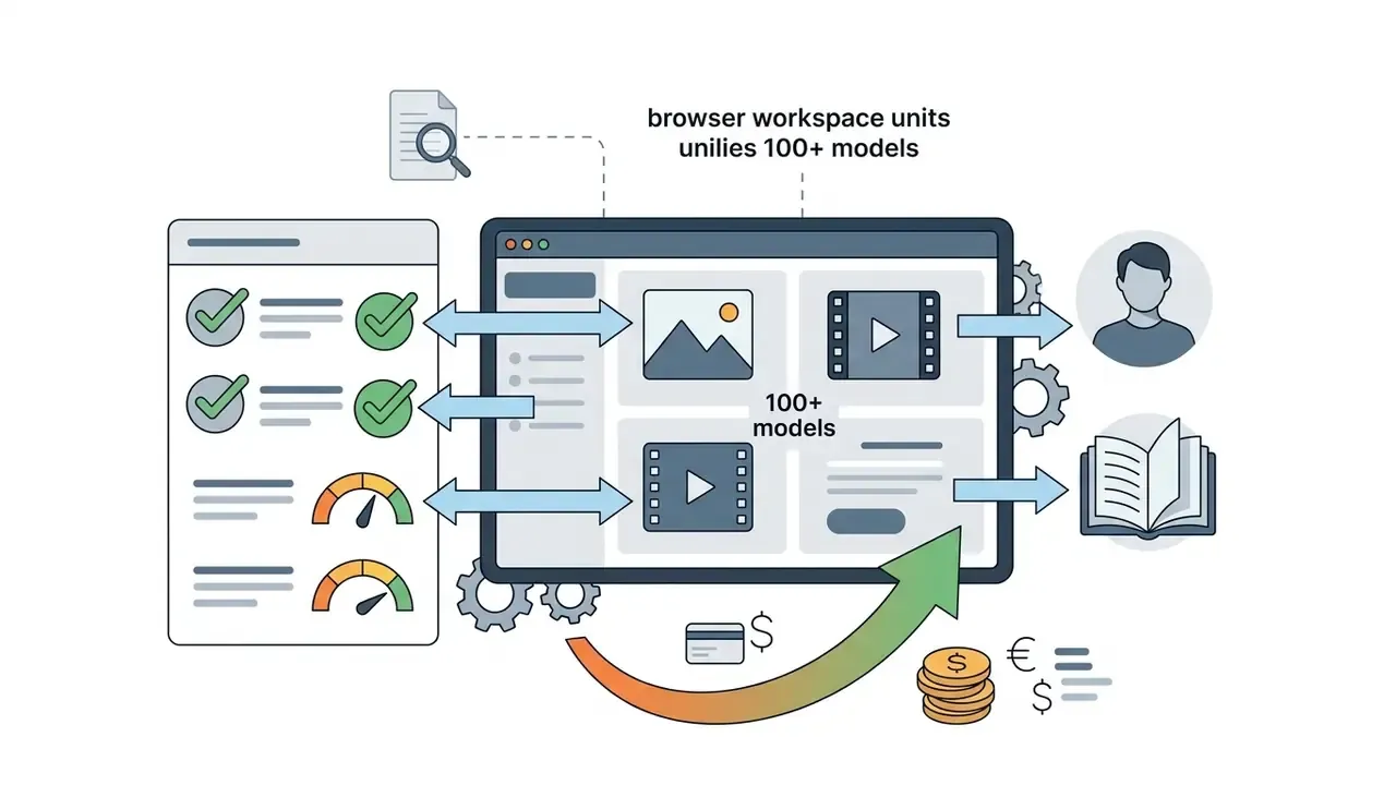 Browser interface showing 100 plus AI creative models for generating images, videos, and stories