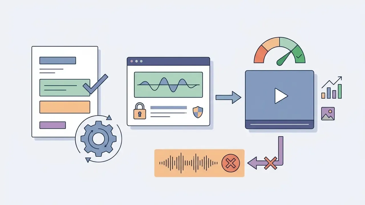 Document with gear icon leading to audio waveform analysis and a video player with copyright restriction