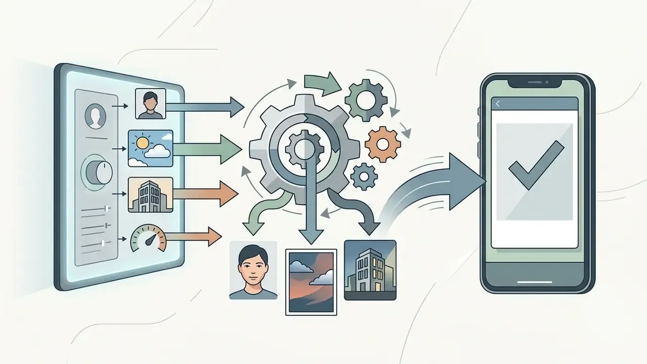Control panel adjusting portrait, sky, and building images through a central gear system to a smartphone