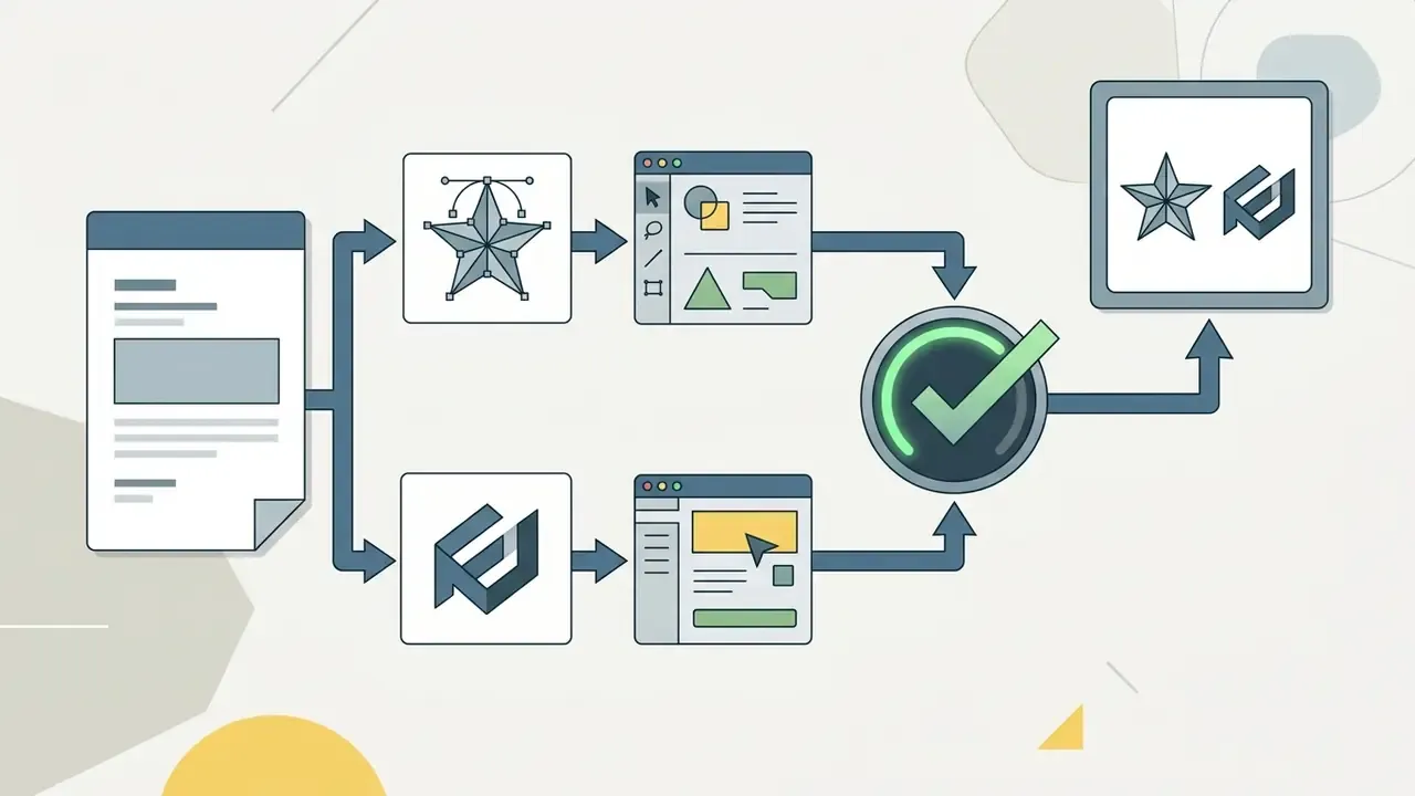Vector assets and logos moving through design tools toward a central checkmark for final processing