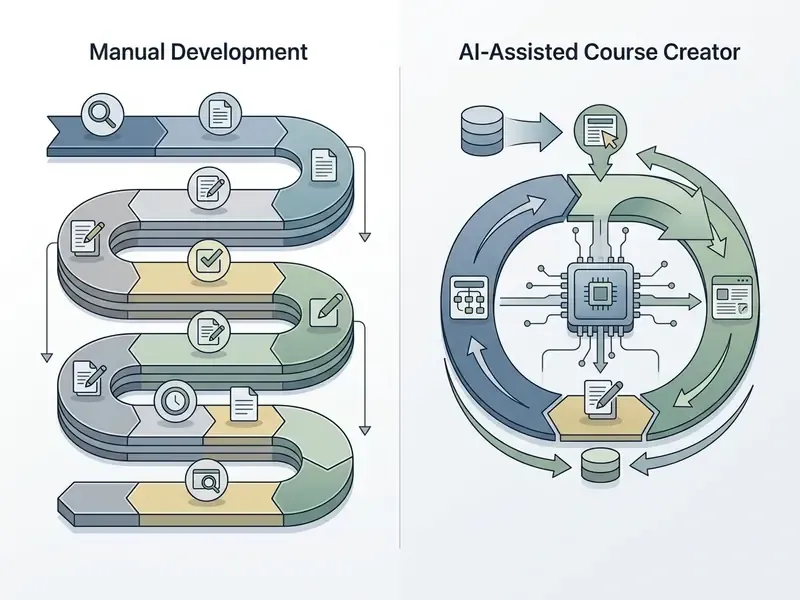 Side-by-side comparison of a linear manual development process and a cyclical AI-assisted workflow