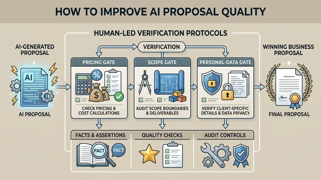 Flowchart showing three human-led verification gates for auditing pricing, scope, and personal data