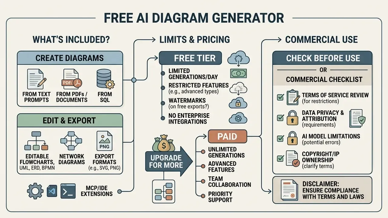 Summary of features, pricing tiers, and commercial usage considerations for an AI diagram generator