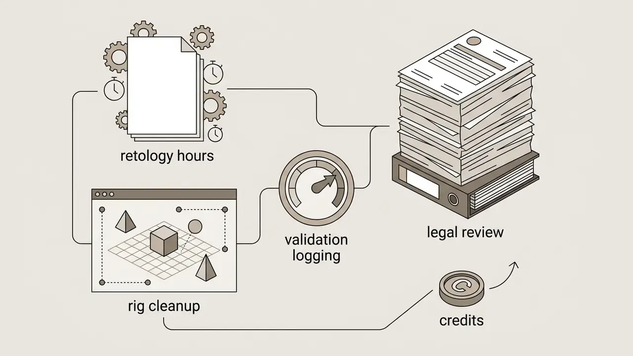Flowchart connecting retopology, rig cleanup, validation logging, legal review, and credit costs