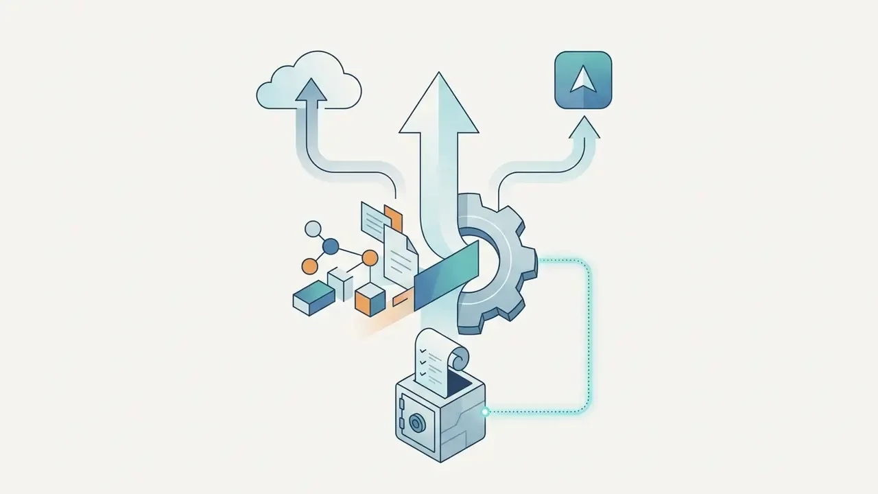 Gear mechanism processing documents into cloud storage and app store releases with archived records