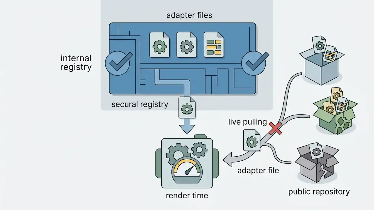 Process showing adapter files moving from an internal registry to render time instead of public repositories