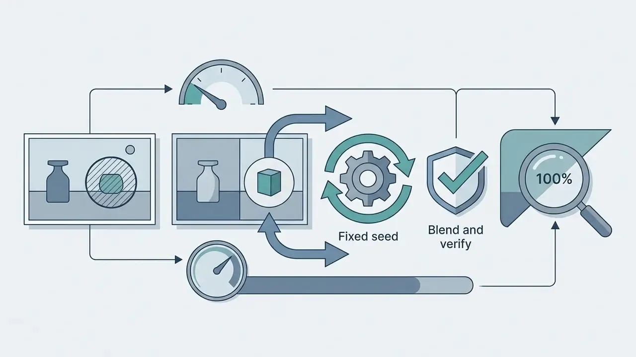 Cycle of image editing steps showing a masked object, a fixed seed gear, and a final 100 percent zoom check