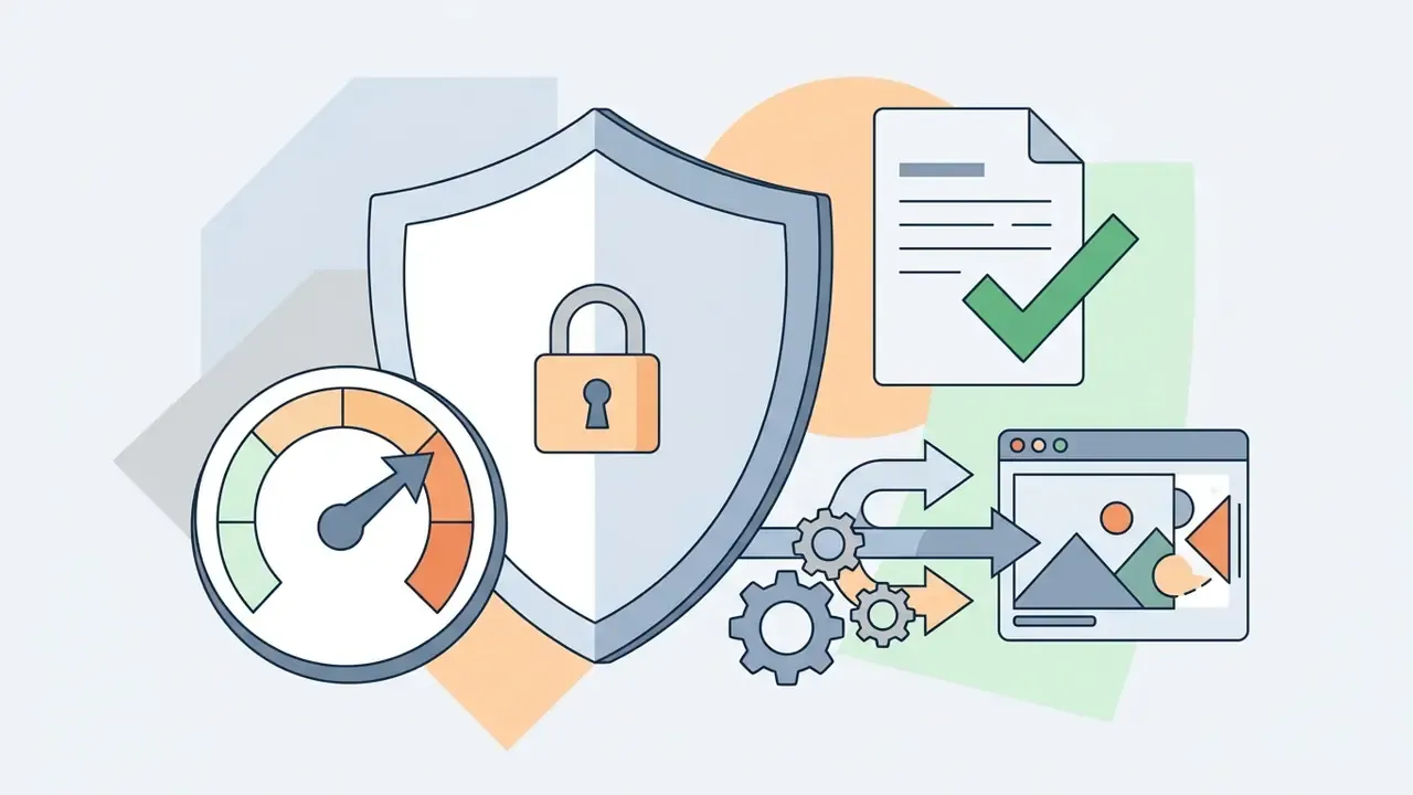 Shield with a padlock, a speed gauge, a document with a checkmark, and gears processing an image