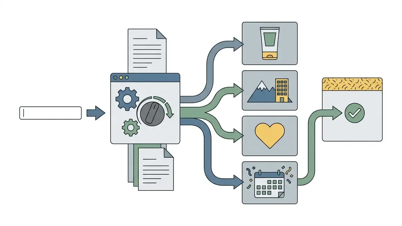 Input field feeding into a control panel that routes content to various icons before final approval