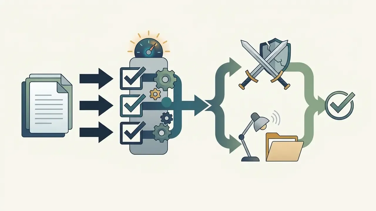 Document inputs processed through a gear mechanism leading to combat and interrogation scenarios