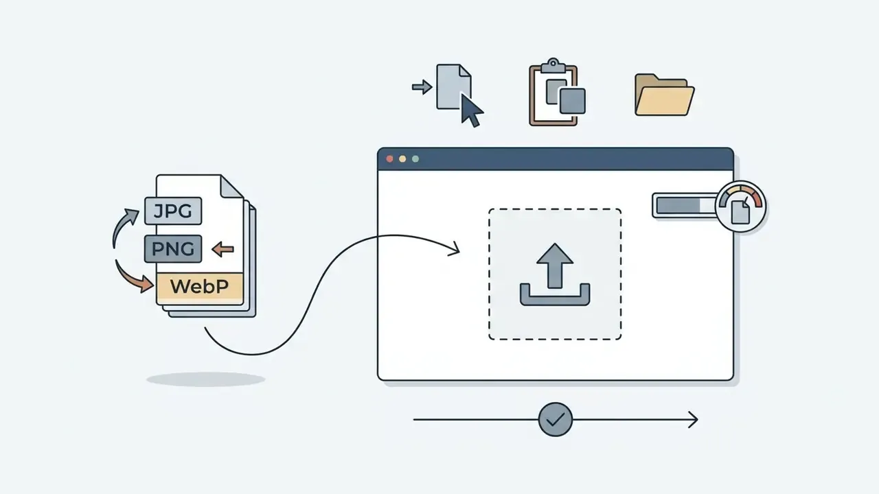 File icons being uploaded into a browser window with a progress bar and drag and drop indicators