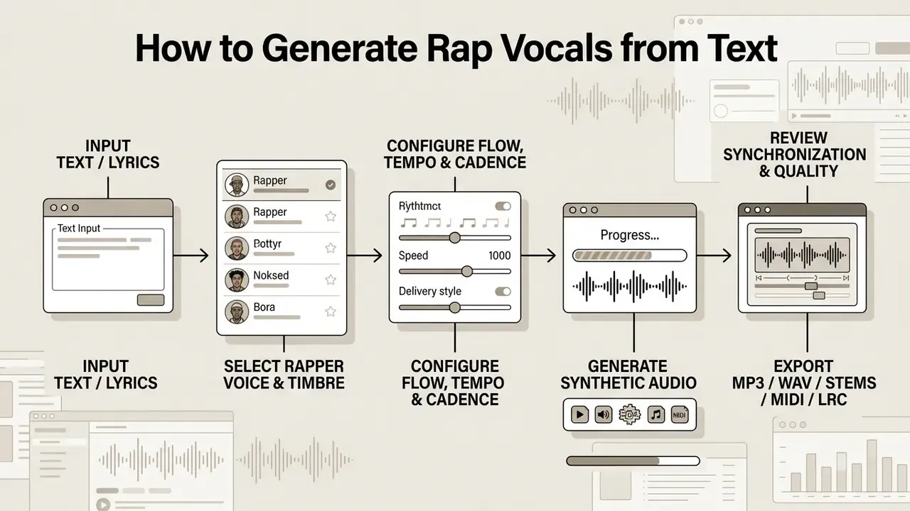 Step by step process of using an AI rapper voice generator from text input to final audio export