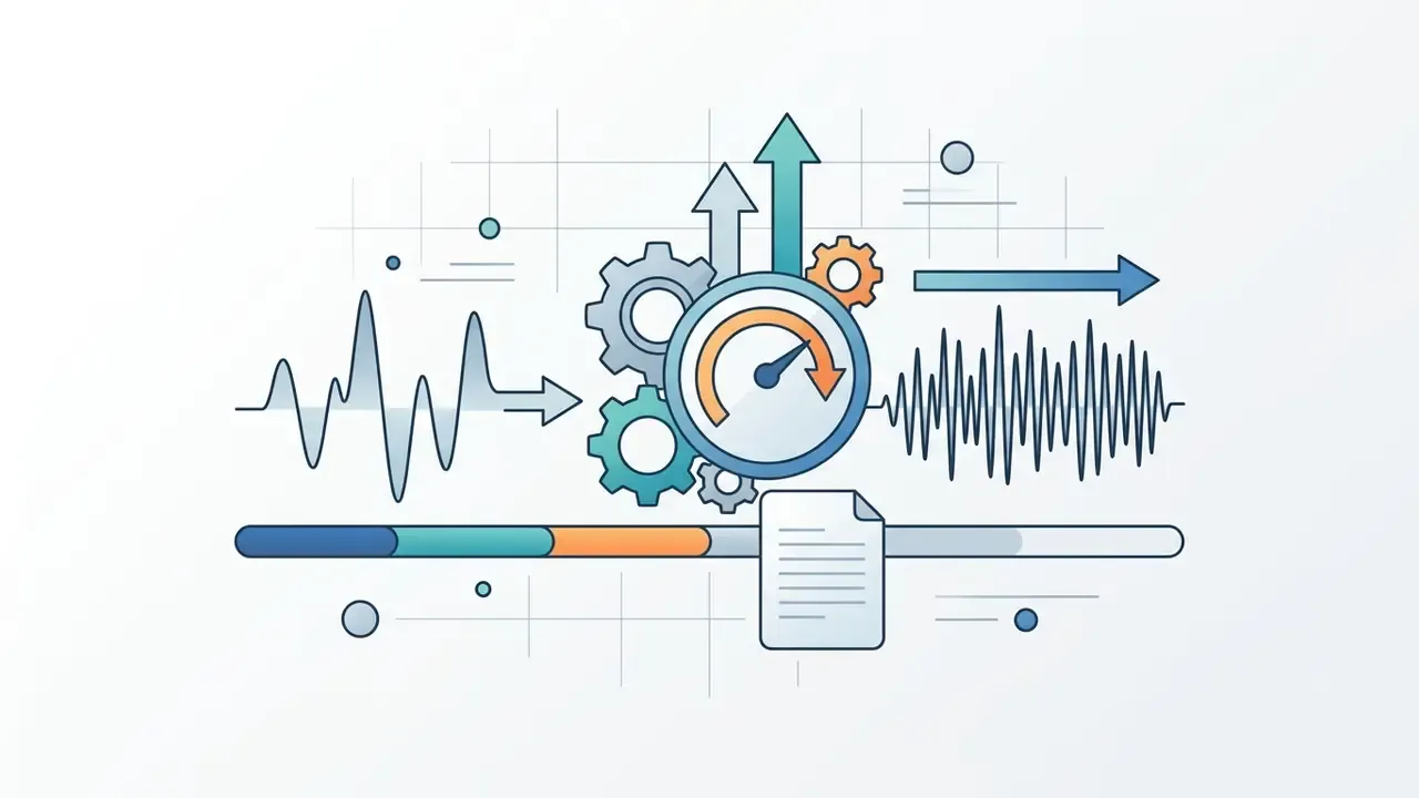 Speedometer gauge with gears and audio waveforms representing the adjustment of an AI child voice generator