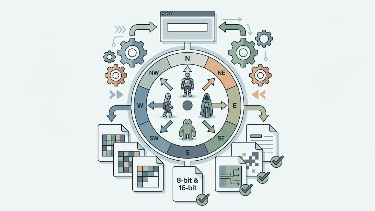 Compass interface showing directional character sprites linked to various digital file outputs
