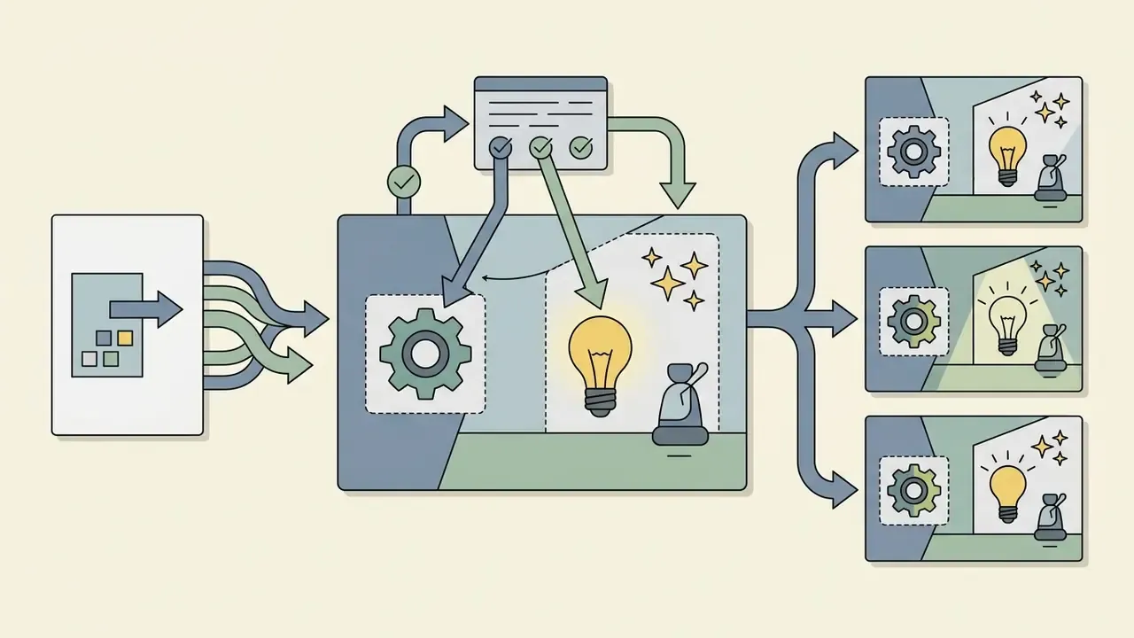 Input document feeding a central panel where gear and lightbulb icons are modified into three variations