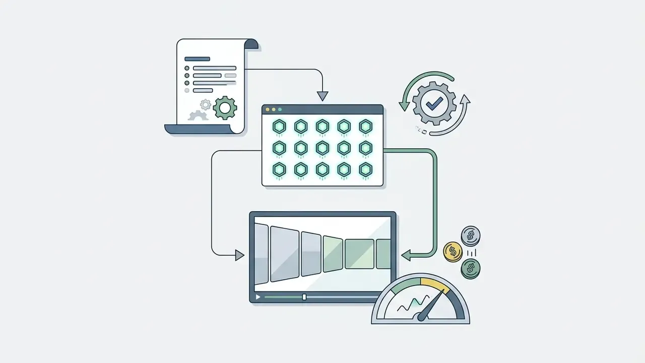 Flowchart connecting a document and grid of icons to a video player and gauge for cost analysis