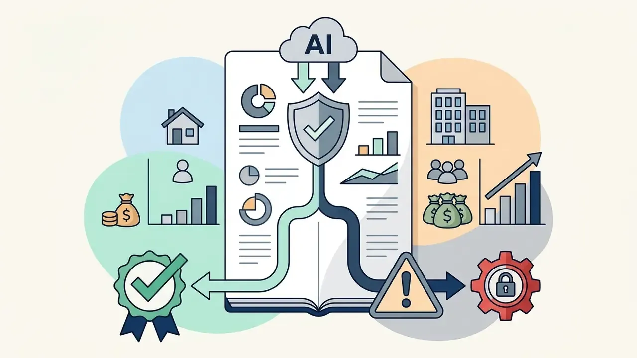 AI cloud icon feeding into a document with a shield that branches toward a compliance badge or warning icon