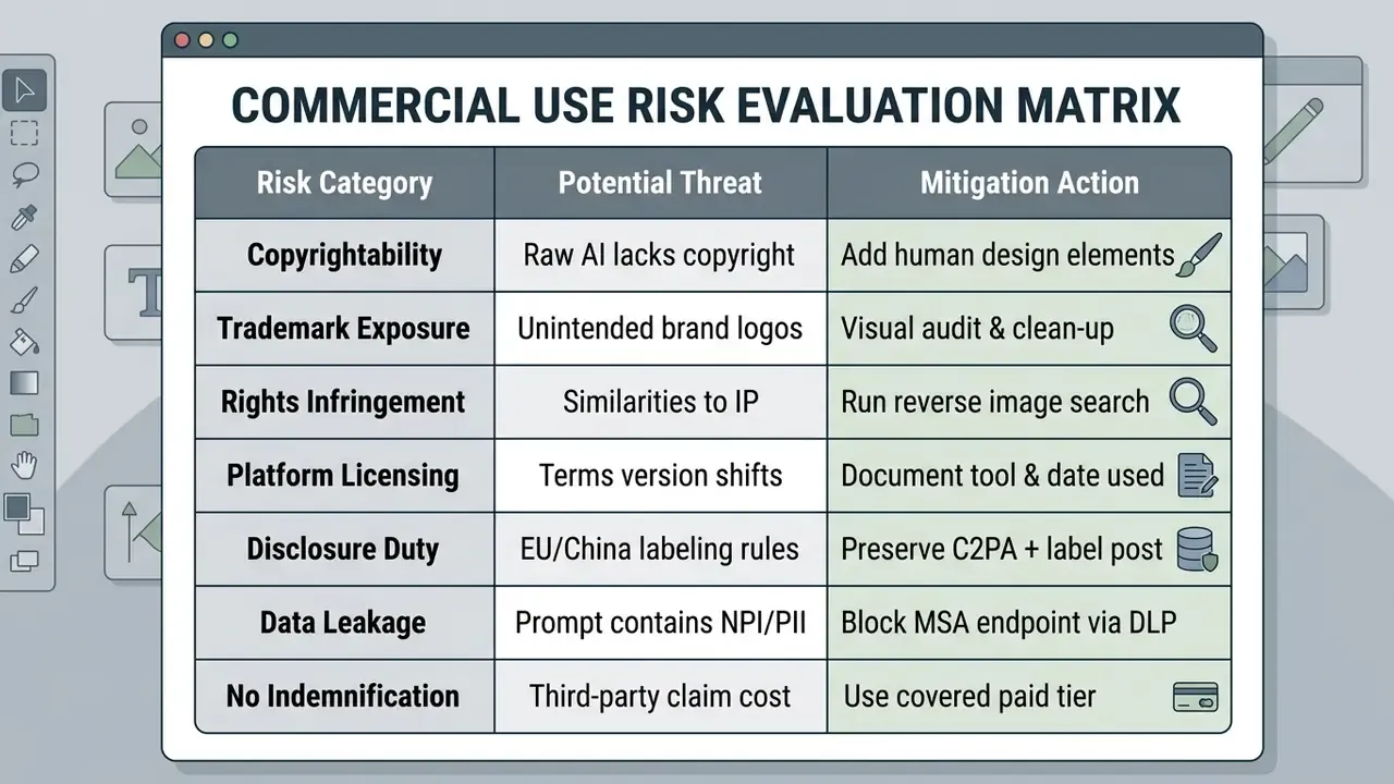 Table outlining risk categories, potential threats, and mitigation actions for commercial image usage