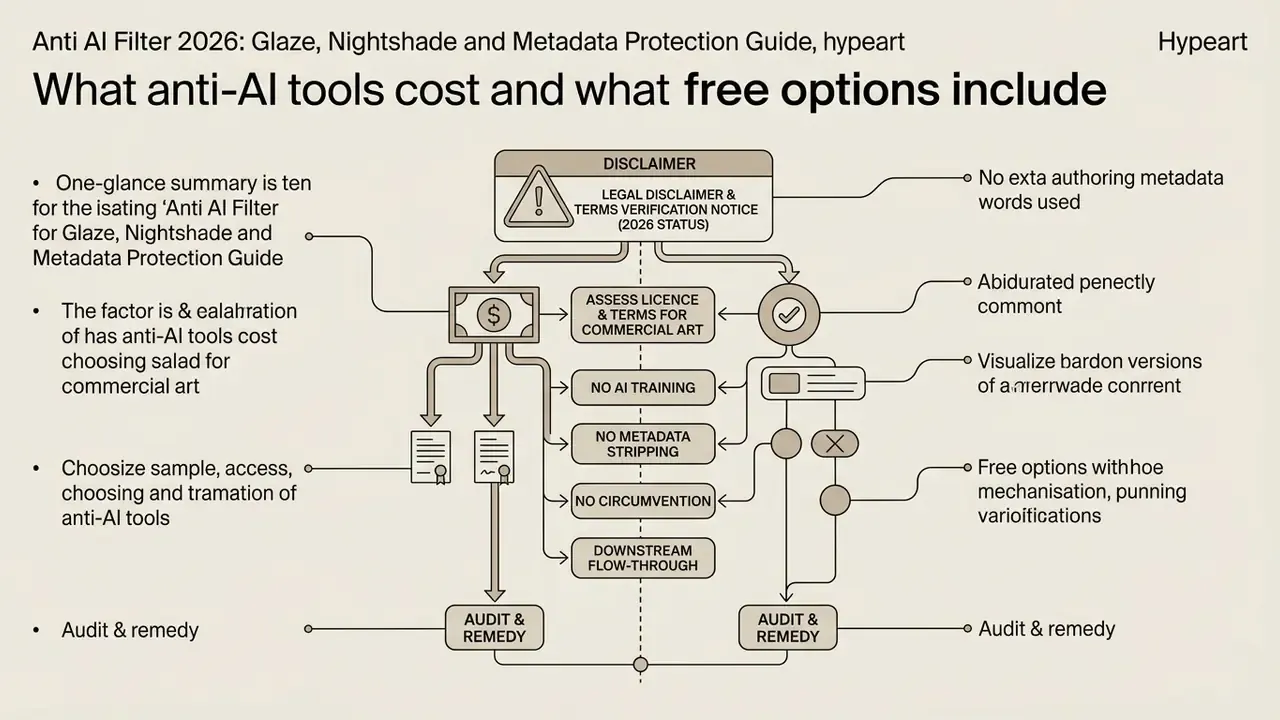 Diagram outlining legal and technical considerations for using an anti AI filter to protect commercial art