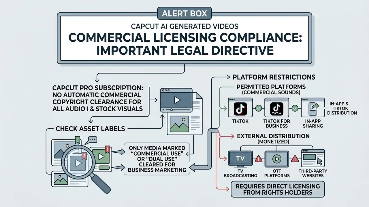 Flowchart detailing commercial licensing rules for media assets and platform distribution restrictions