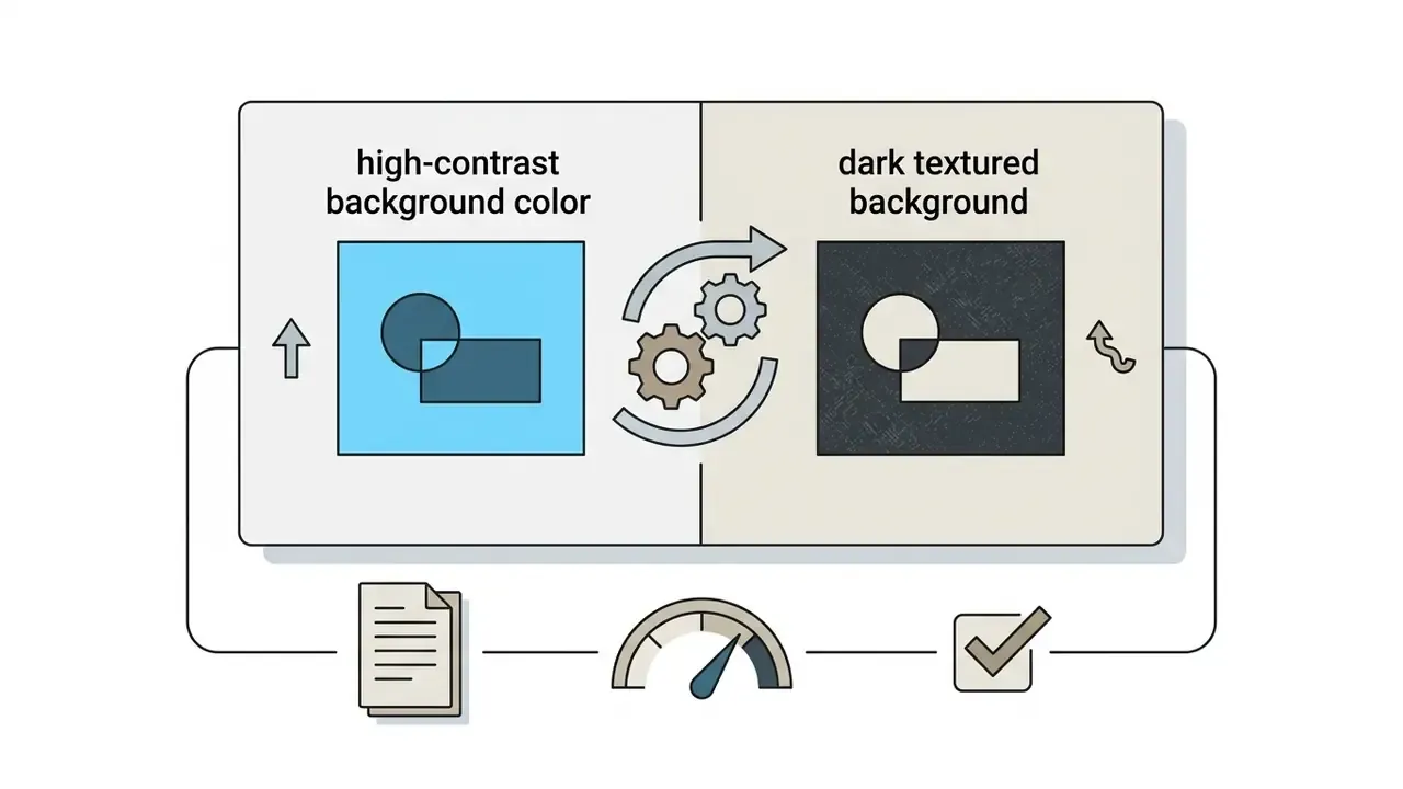 Split view comparing high-contrast and dark textured backgrounds with icons for testing and evaluation
