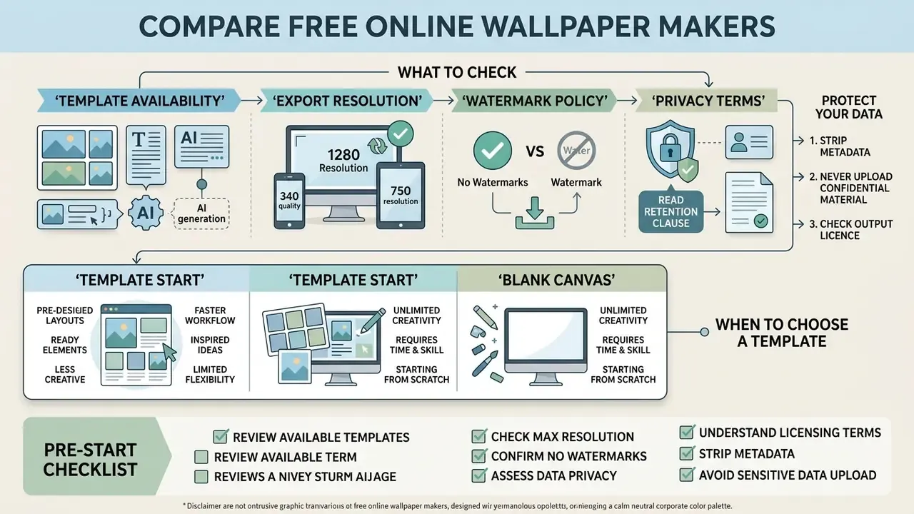 Infographic detailing criteria for selecting wallpaper design tools and a checklist for data privacy