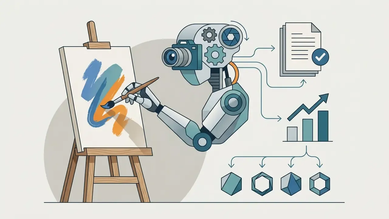 Humanoid robot with a camera head painting on a canvas connected to data documents and growth charts