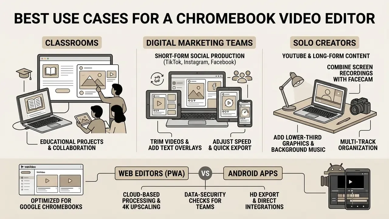 Three categories showing video production for classrooms, marketing teams, and creators with app comparisons