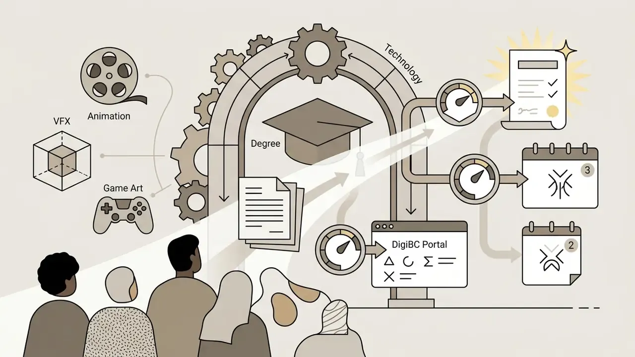 Students viewing a portal where animation and VFX icons flow through gears toward scholarship deadlines