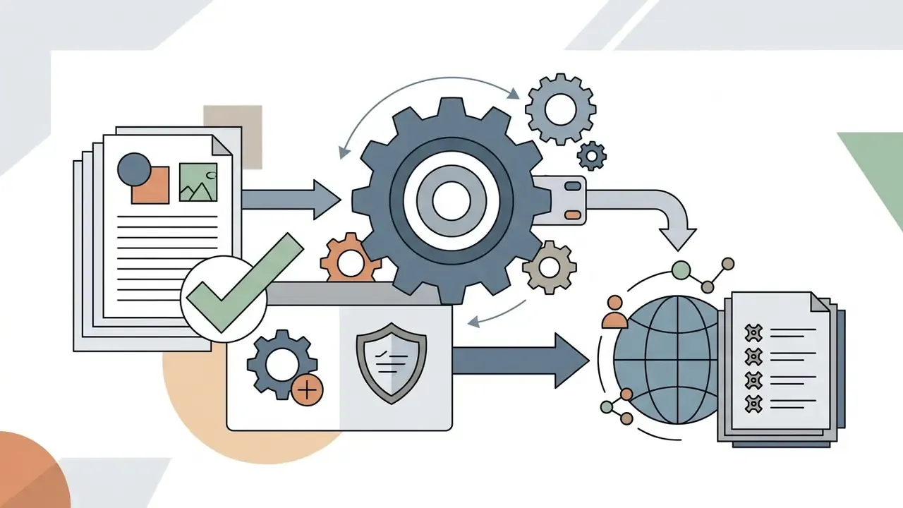 Documents and gears processing data into a global license agreement with a shield icon