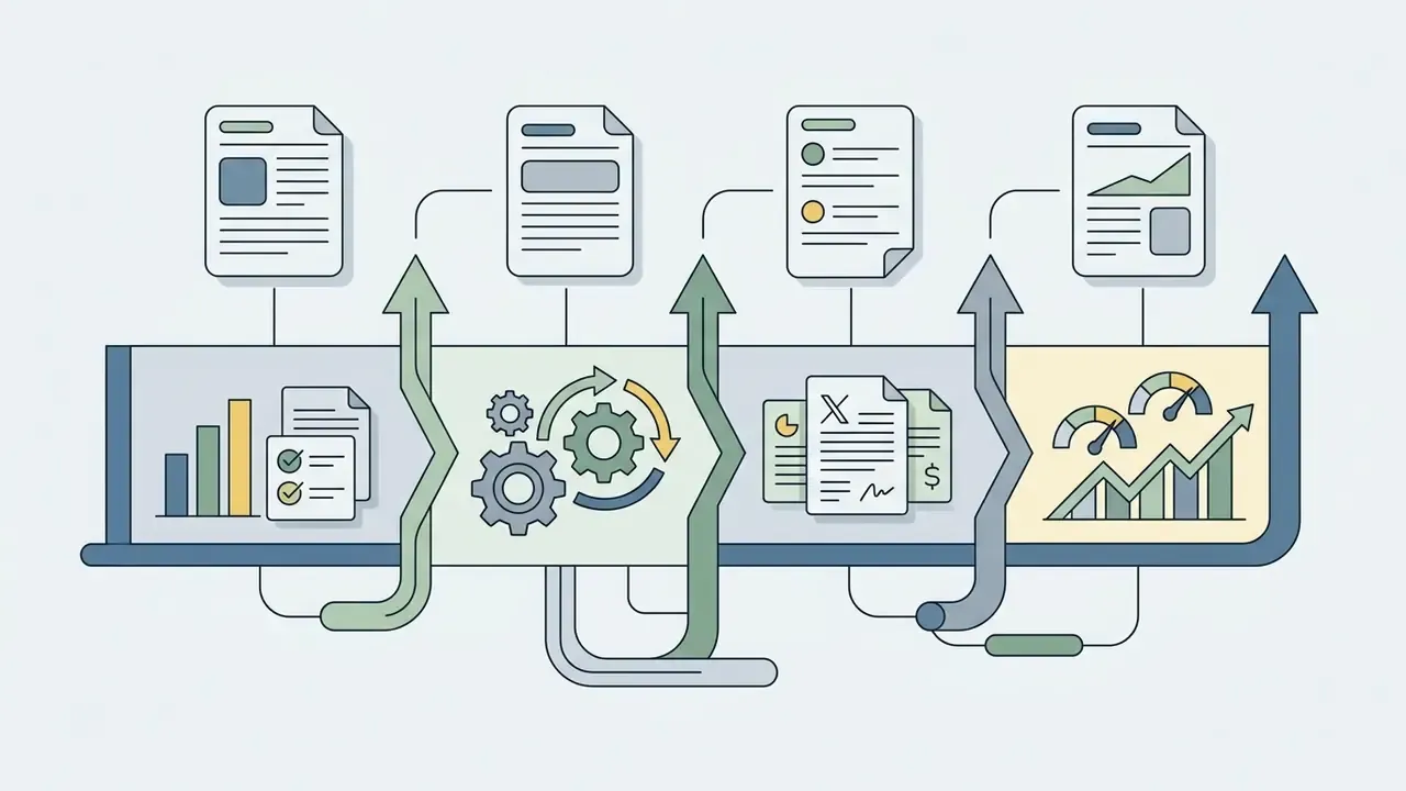 Timeline of documents and icons showing a sequential process of business milestones and data growth