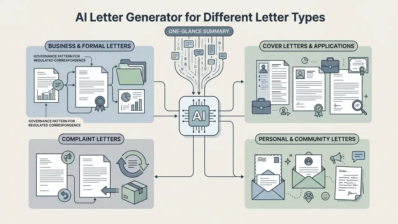 Central AI processor connecting to document categories like business, cover, complaint, and personal letters