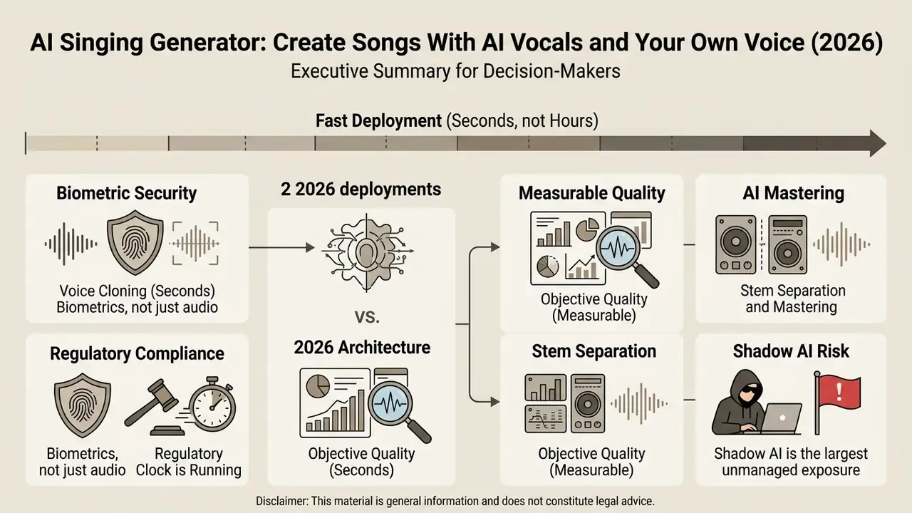 Infographic summarizing 2026 AI singing generator deployments, security, and quality benchmarks