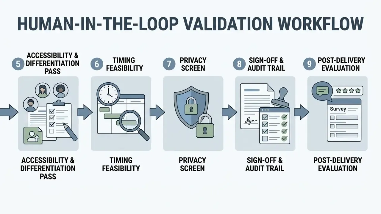 Five sequential steps for reviewing educational content including accessibility, timing, privacy, and feedback