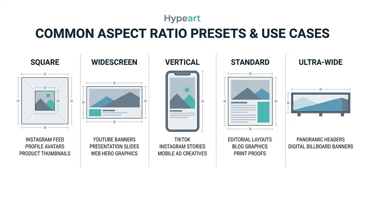 List of common aspect ratios and their typical use cases for a free AI image generator in 2025