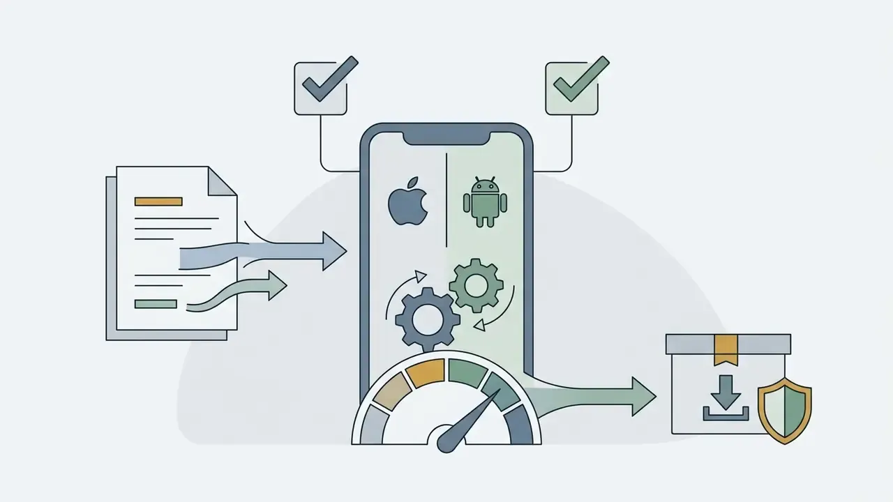 Smartphone icon with Apple and Android logos, gear symbols, and a performance gauge indicating compatibility