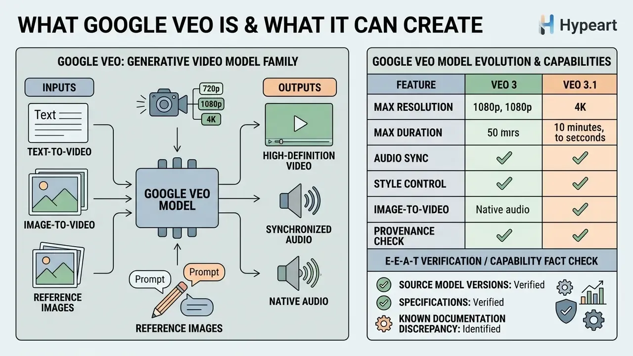 Infographic showing how the Google Veo model processes text and image inputs to generate high-definition video