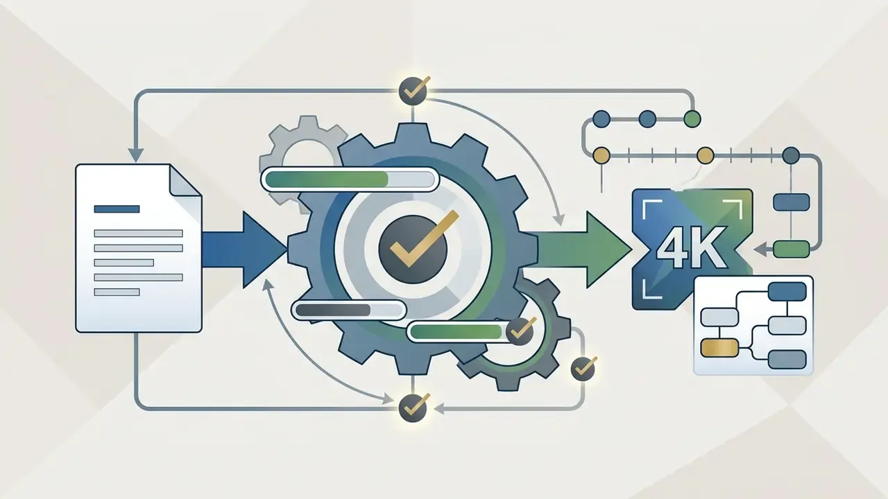 Document feeding into a gear system that outputs a 4K image and a structured workflow map