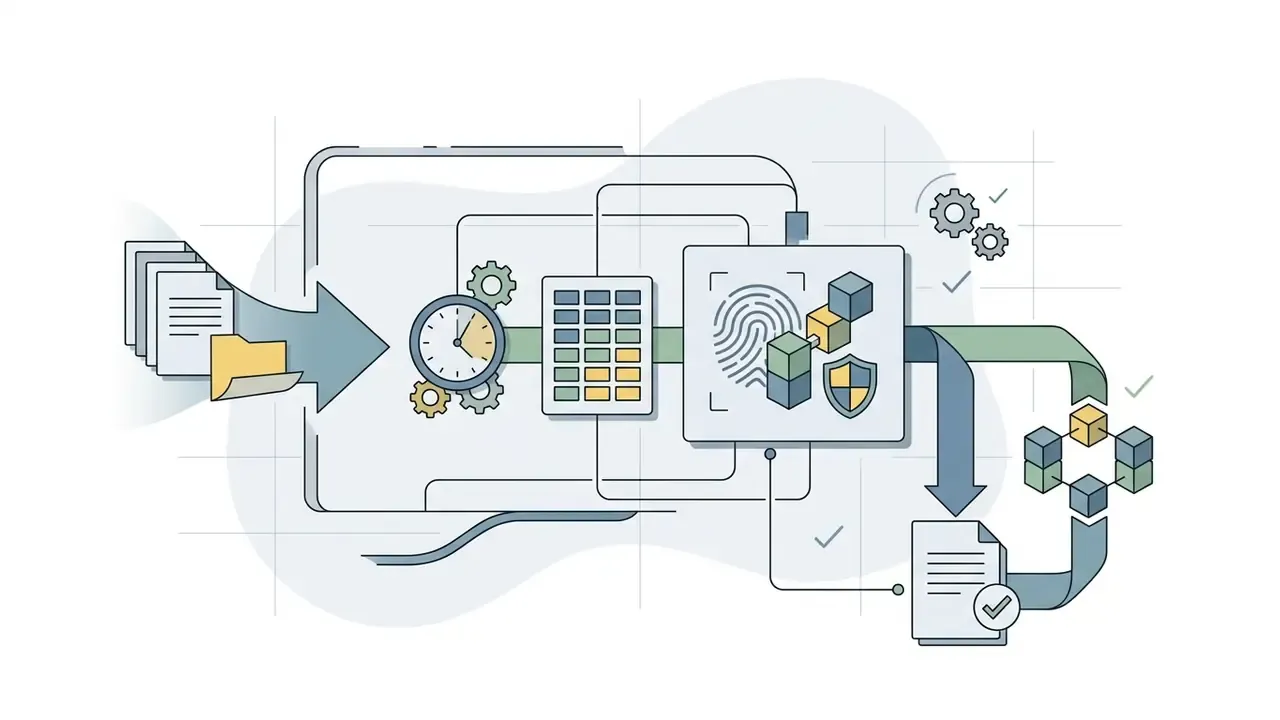 Folders and papers moving through a clock and fingerprint processor to create a secure audit record