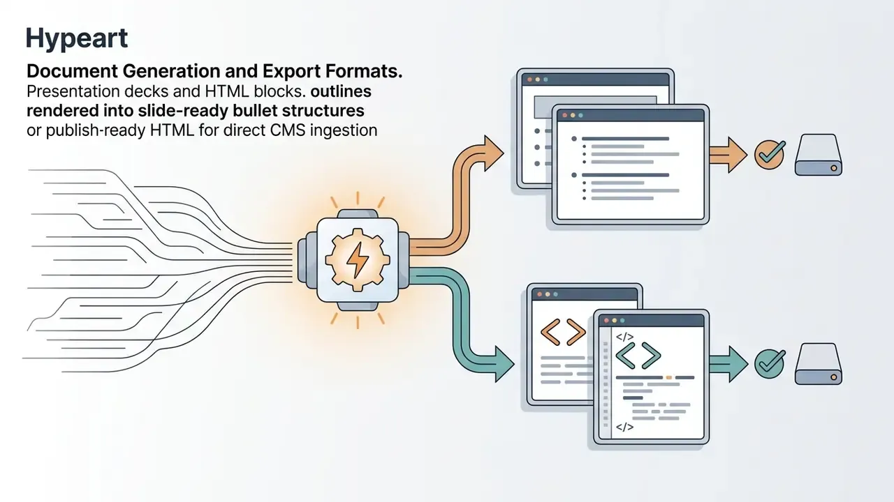 Lines feeding into a central processor to create slide decks and HTML blocks for storage