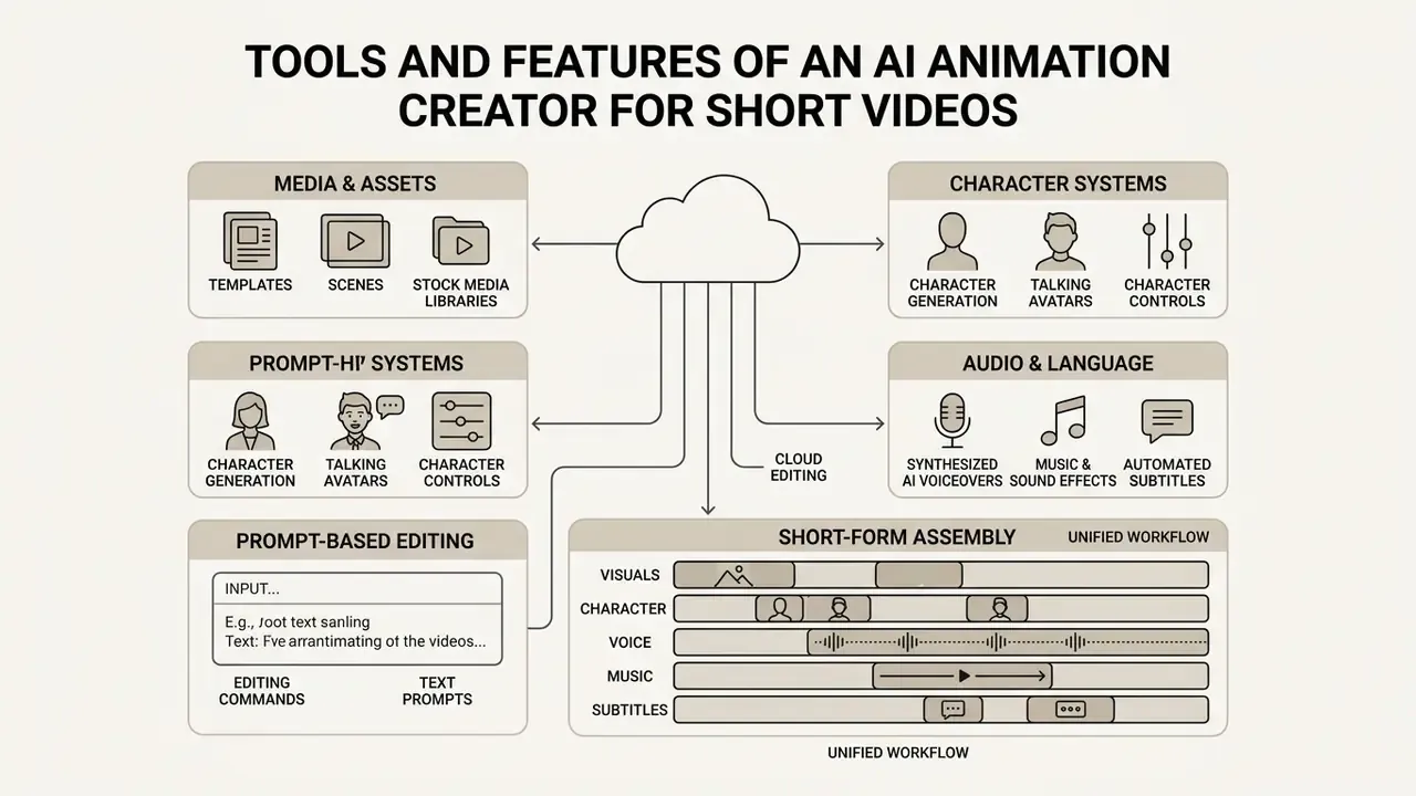 Diagram showing cloud-based modules for media, characters, audio, and prompt-based video assembly