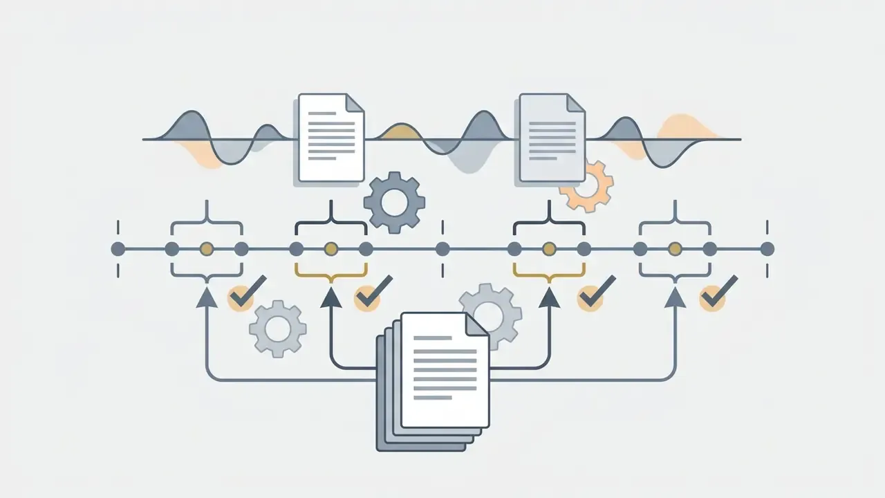 Document stack feeding into a timeline with gears and audio waveforms to synchronize text and timing
