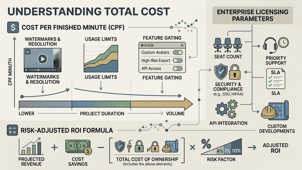 Infographic detailing cost factors and an ROI formula for evaluating AI avatar software for video generation
