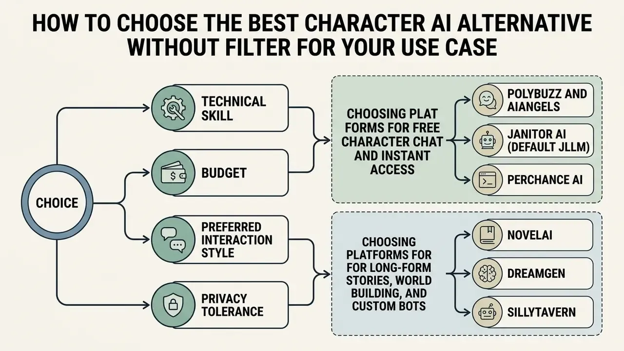 Decision tree mapping user variables to specific Character AI alternative no filter platform categories