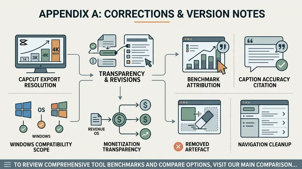 Summary of revisions for free video editing software including export resolution and monetization notes
