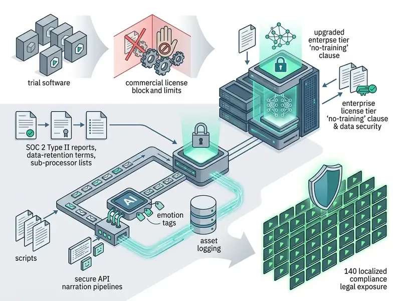 Diagram showing the transition from trial software limitations to a secure enterprise narration pipeline