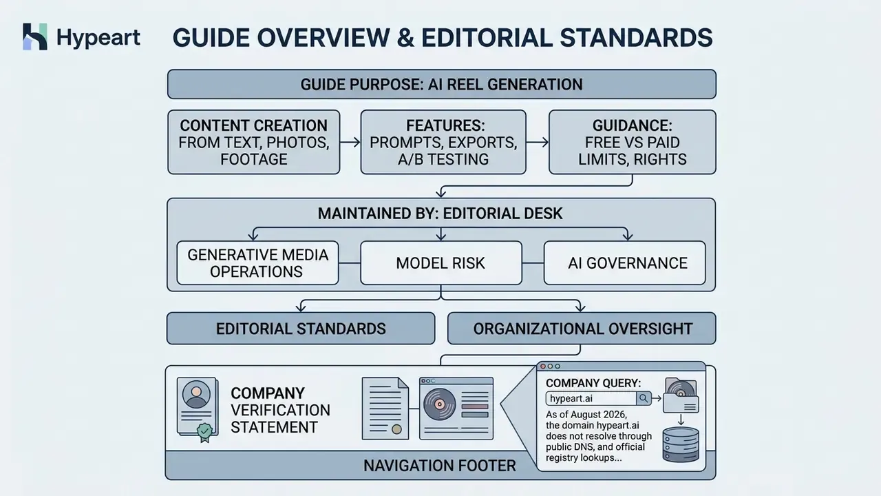 Flowchart outlining editorial standards, organizational oversight, and company verification procedures